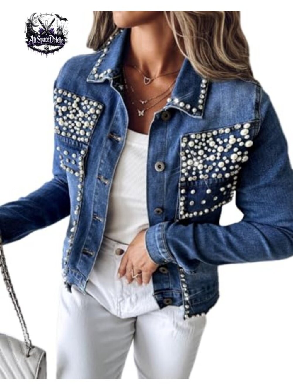 Pearls Denim Jacket Cropped Rhinestones Jean Blazer Coat Button Down